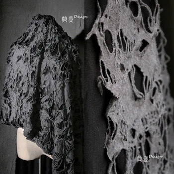 Серая и черная текстурированная двухслойная потрескавшаяся ткань, креативная рваная жаккардовая одежда, брюки, жакетные ткани.