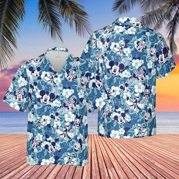 2023 Новая гавайская рубашка Disney с Микки Маусом Гавайская рубашка Пляжная рубашка с коротким рукавом Повседневная рубашка для отпуска Ретро